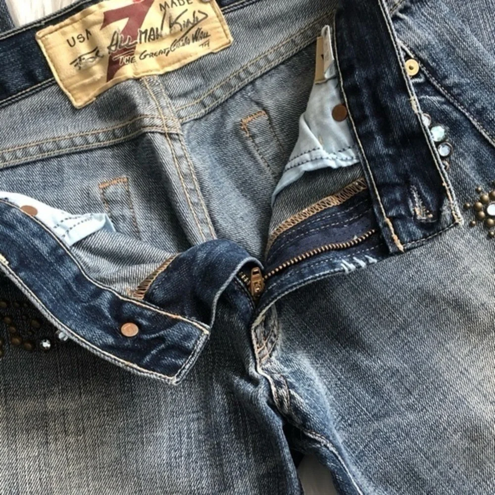 7FAM Great China Wall Y2K Low Rise Flare Swarovski Crystal Studded Jeans Sz 27
